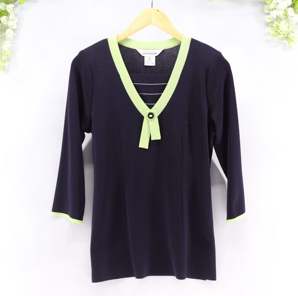 Misook Exclusively Sz S Navy Green Trim Acrylic Pullover Sweater Career